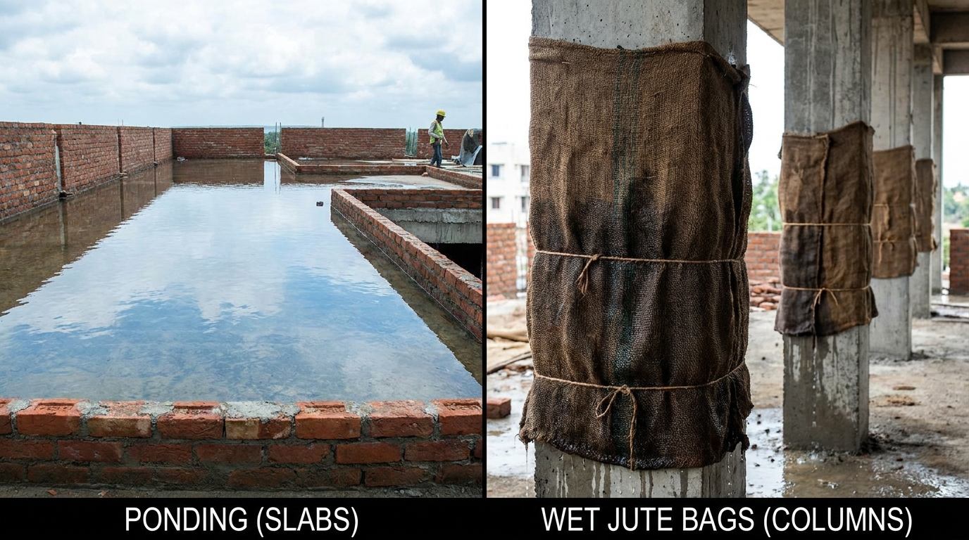 Concrete curing methods: Slab ponding and column wrapping with wet jute gunny bags