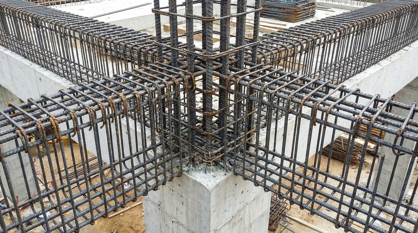 Structural detailing showing 135-degree hooks in stirrups and proper tie-beam connections